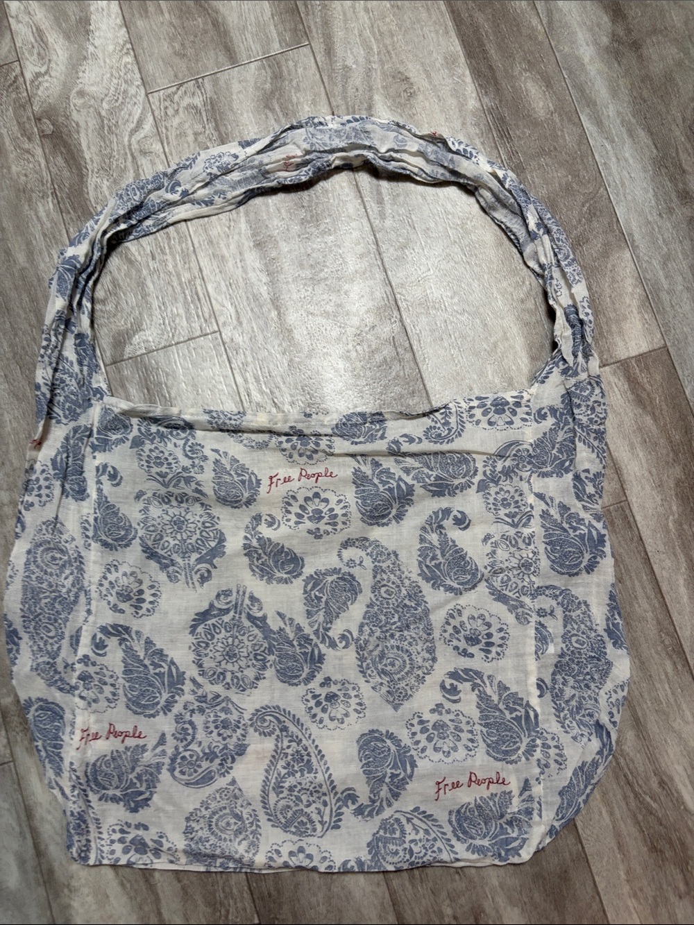 Free People Cream and Blue Paisley Hobo Tote 14x6x14